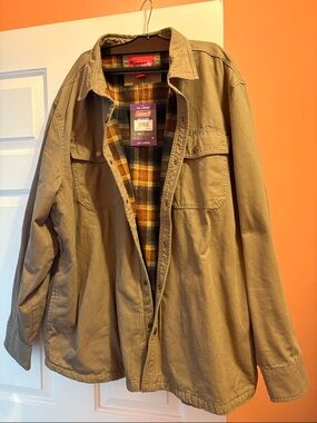 Coleman Tan Button-Front Canvas Jacket with Olive & Yellow Plaid Lining